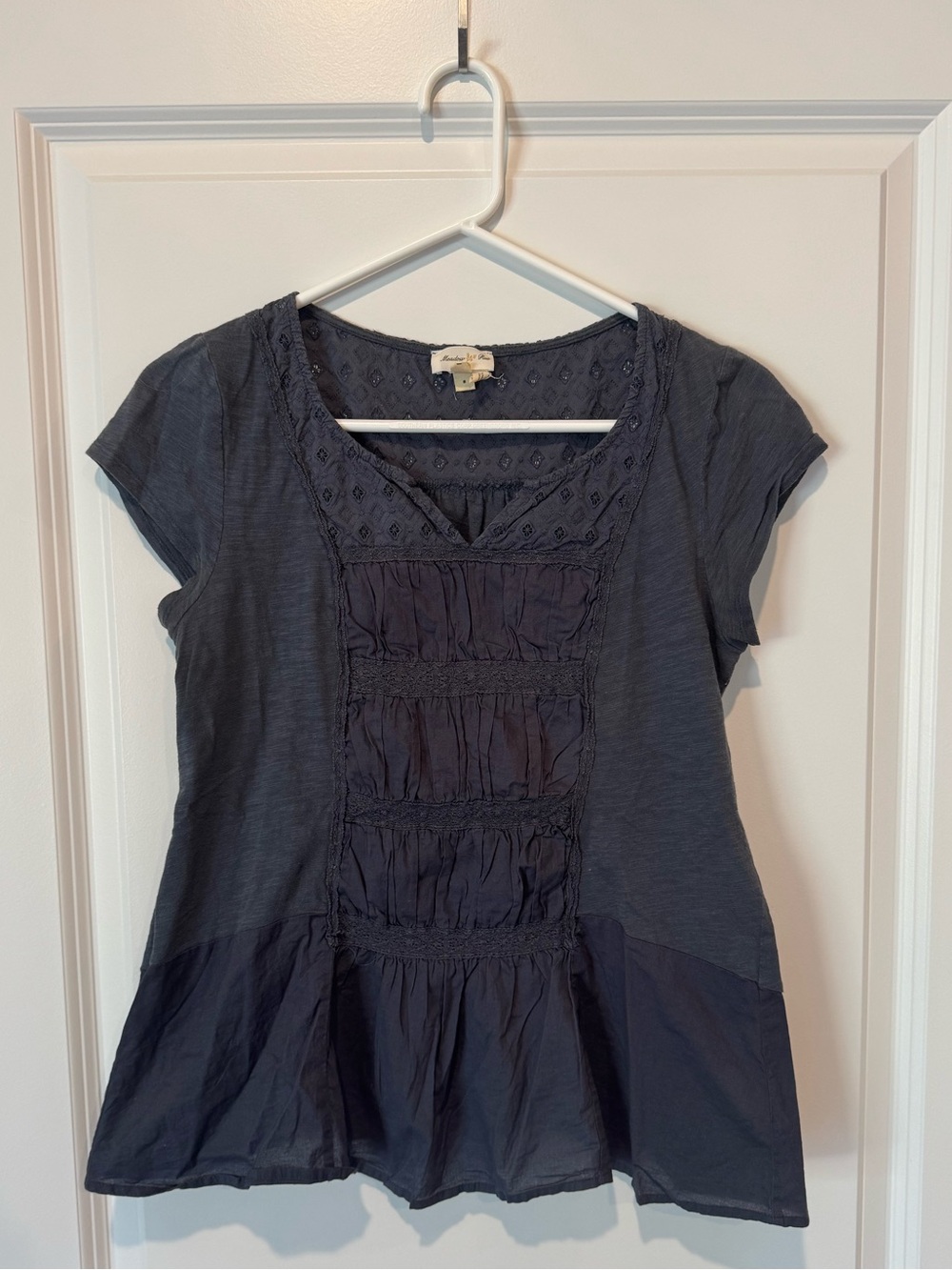 Women's Navy Blue Short-Sleeve Ruffle Front Top